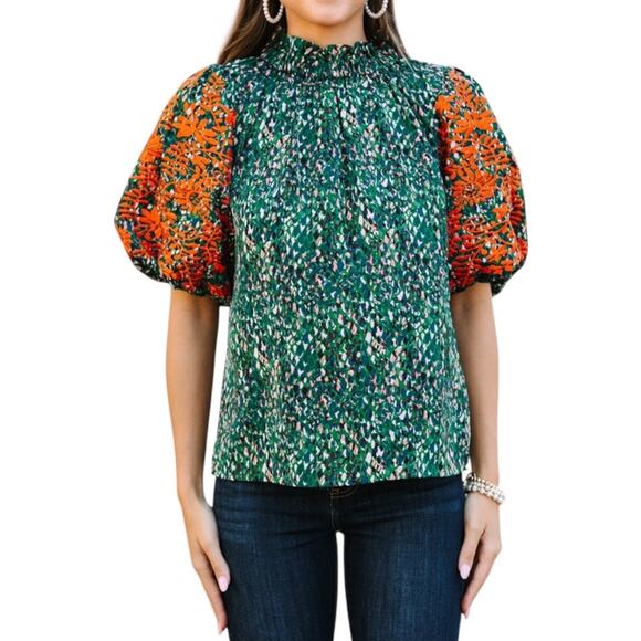 THML Say It All Green Floral Blouse Orange Embroidered Puff Sleeves Size XS - Picture 1 of 10